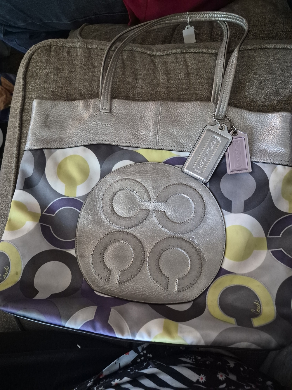 Coach Metallic Silver Tote with Patterned Panel